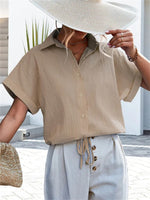 Simple Loose Short Sleeves Solid Color Lapel Collar Blouse