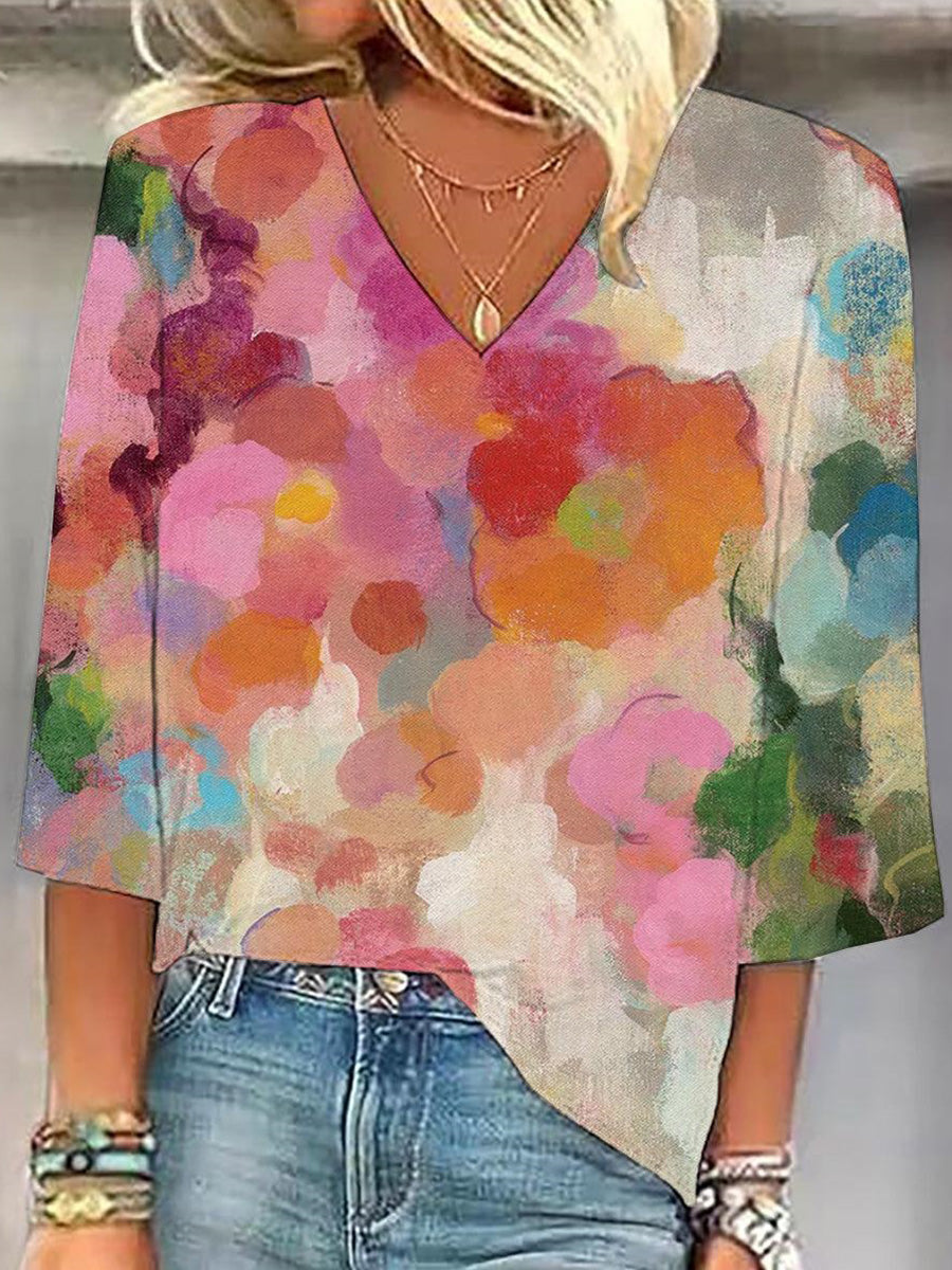 Youthful Floral Print V-Neck 3/4 Sleeve Top
