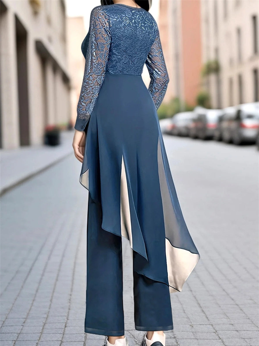 Elegant Lace Chiffon Plain V-neck Long Sleeve Two Piece Set