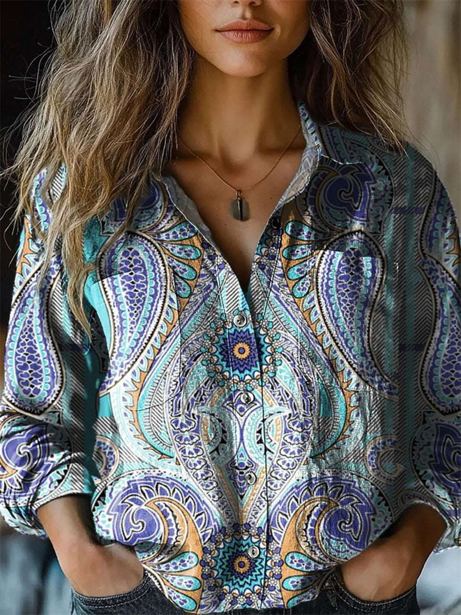 LilyWish Ethnic Printed Lapel Long Sleeve Shirt