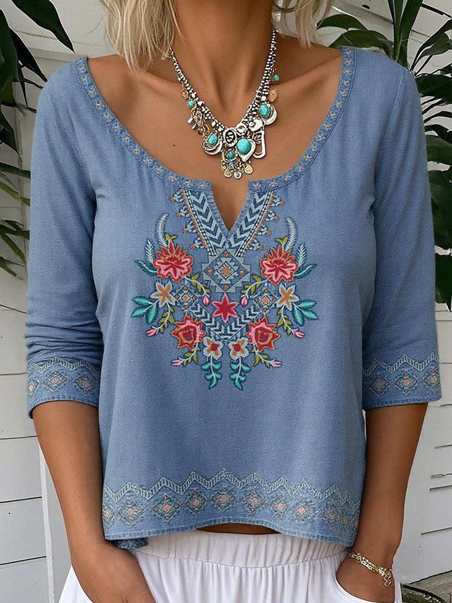 Blue V-neck Long Sleeve Floral Print Top