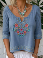Blue V-neck Long Sleeve Floral Print Top