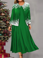 Snowflake Print Crew Neck Long Sleeve Two Piece Dress