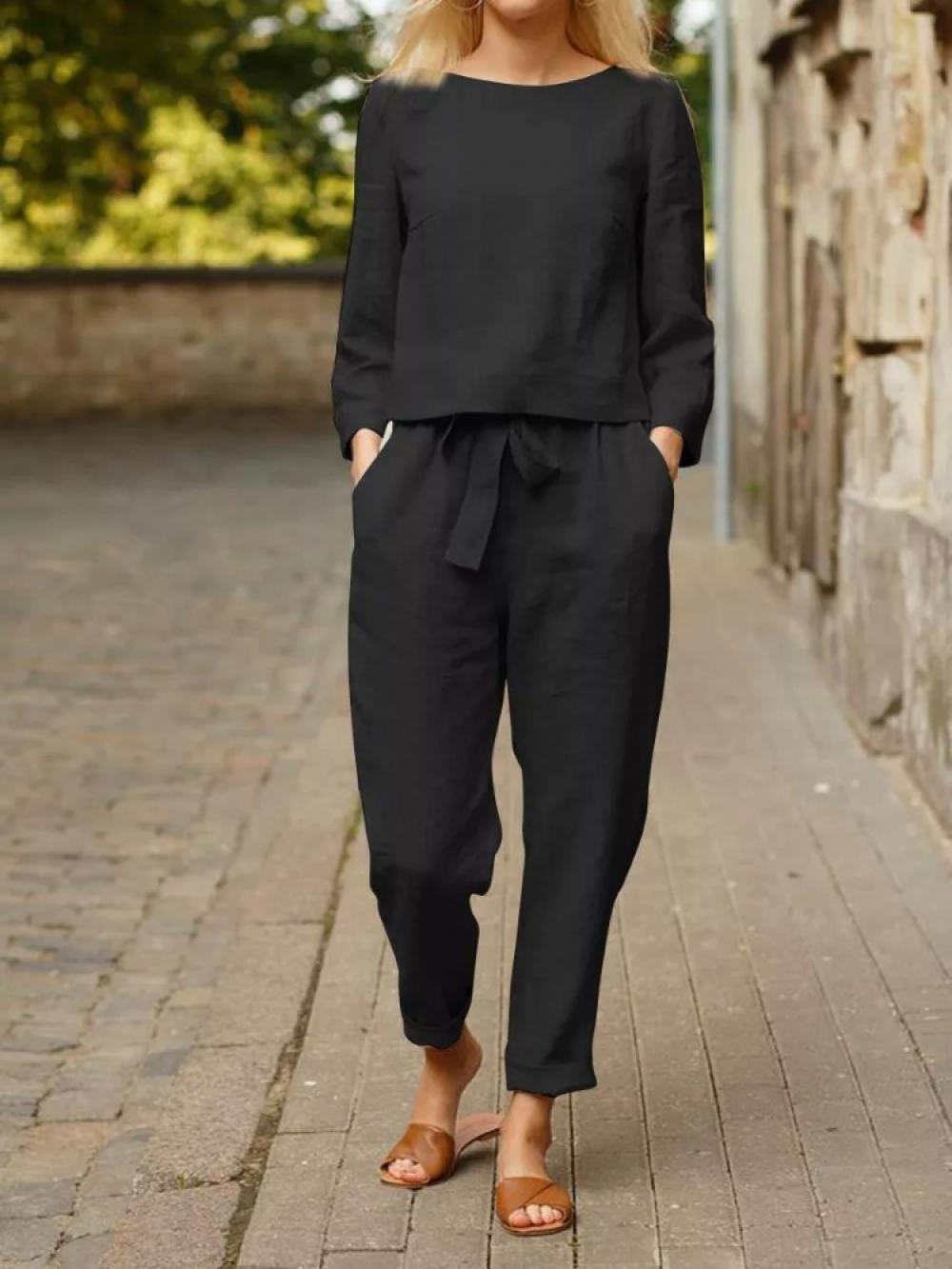 Women's Spring Summer Casual Black Cotton Linen Two Piece Set