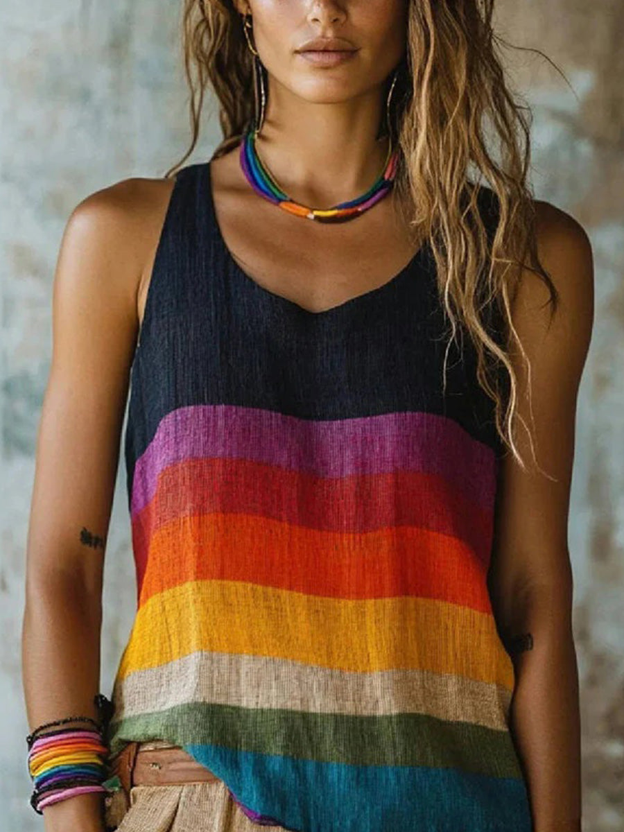 LilyWish Vintage Colour Block V-neck Sleeveless Tank Top