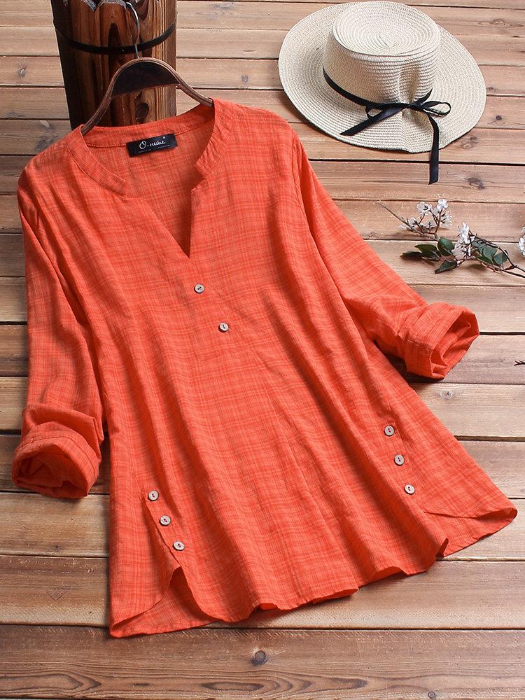LilyWish Vintage Plaid Side Button V-neck Long Sleeve Blouse