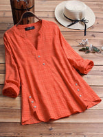 LilyWish Vintage Plaid Side Button V-neck Long Sleeve Blouse