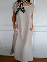 Solid Round Neck Short Sleeve Pocket Dress