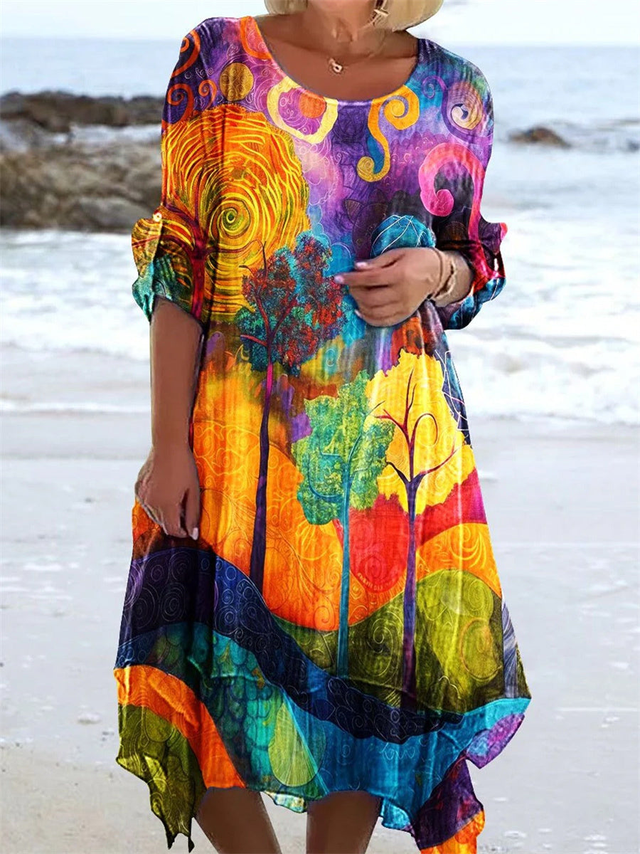 Tree Print Round Neck Long Sleeves Midi Dress