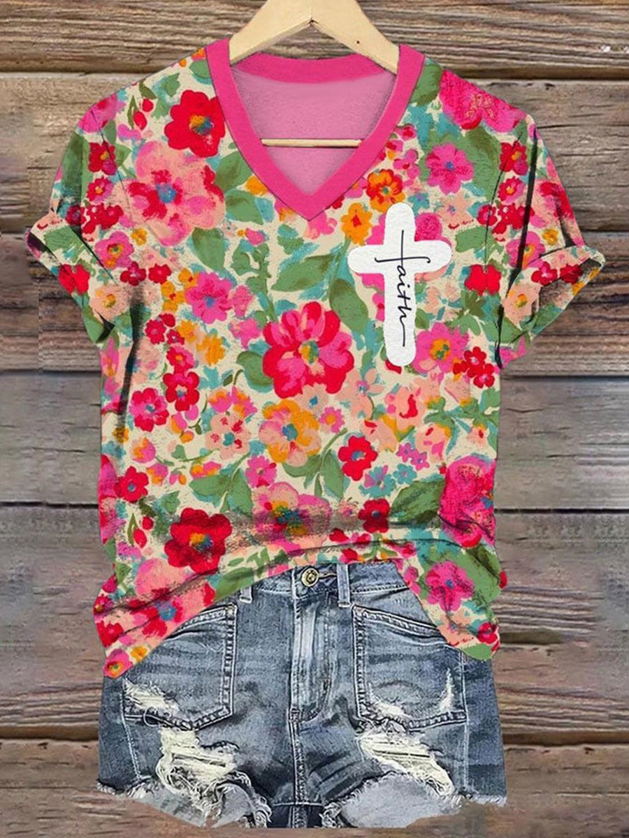 LilyWish Sweet V-neck Short Sleeve Pink Top