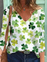 LilyWish Green Casual V Neck Printed Long Sleeve Blouse