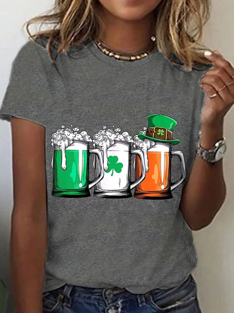 Wine Glasses Print Round Neck Short Sleeve Grey T-shirt