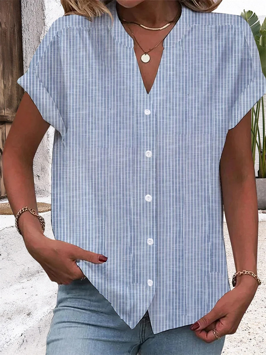 LilyWish Blue Striped V Neck Short Sleeve Blouse