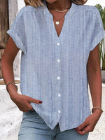 LilyWish Blue Striped V Neck Short Sleeve Blouse
