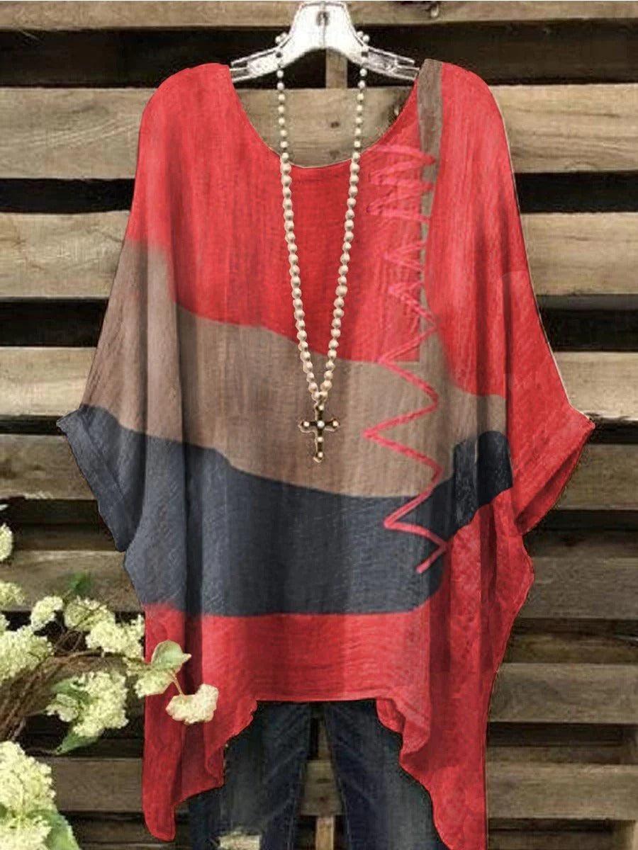 Red Casual Round Neck Colorblock Printed Long Sleeve Blouse