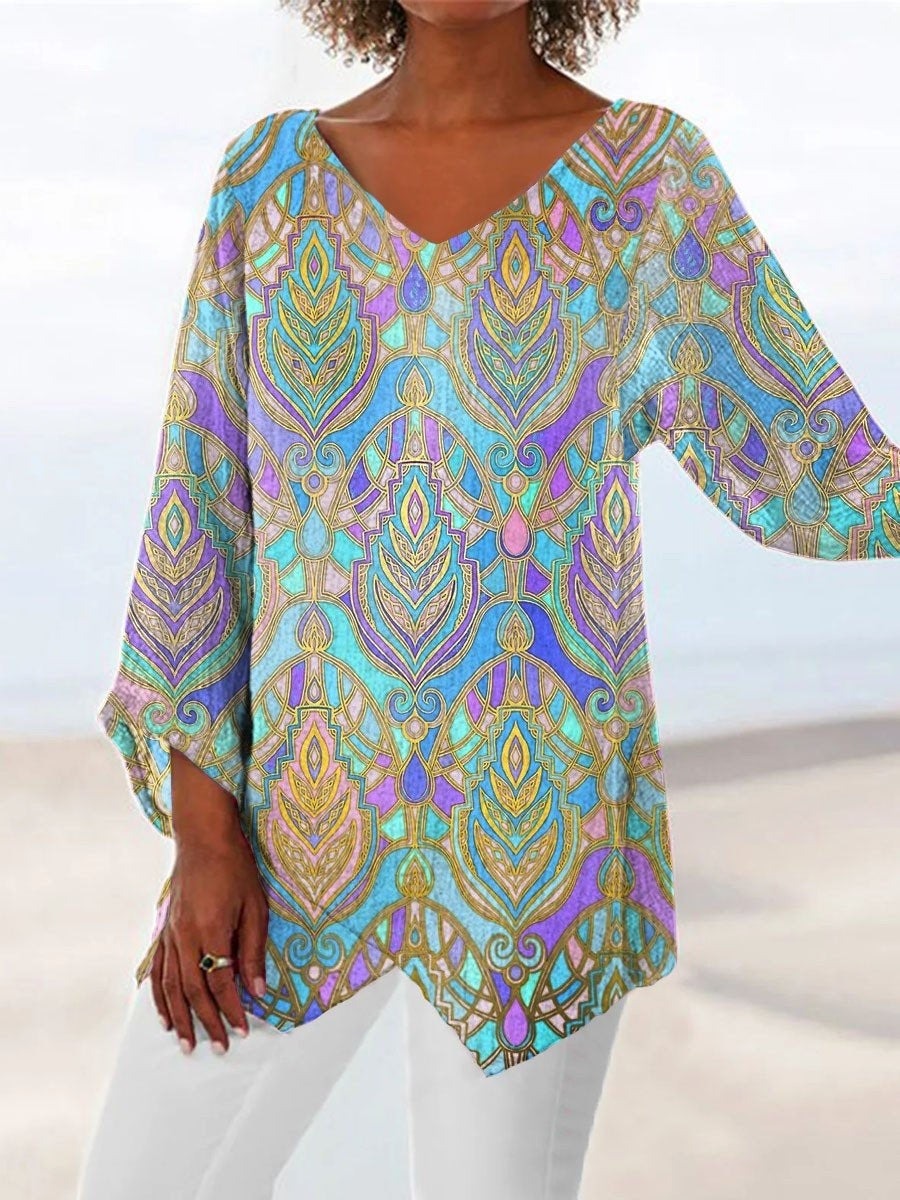 LilyWish Color Casual V Neck Boho Printed Long Sleeve Blouse