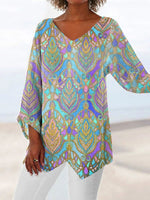 LilyWish Color Casual V Neck Boho Printed Long Sleeve Blouse