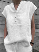 White Casual V Neck Button-Embellished Short Sleeve Blouse