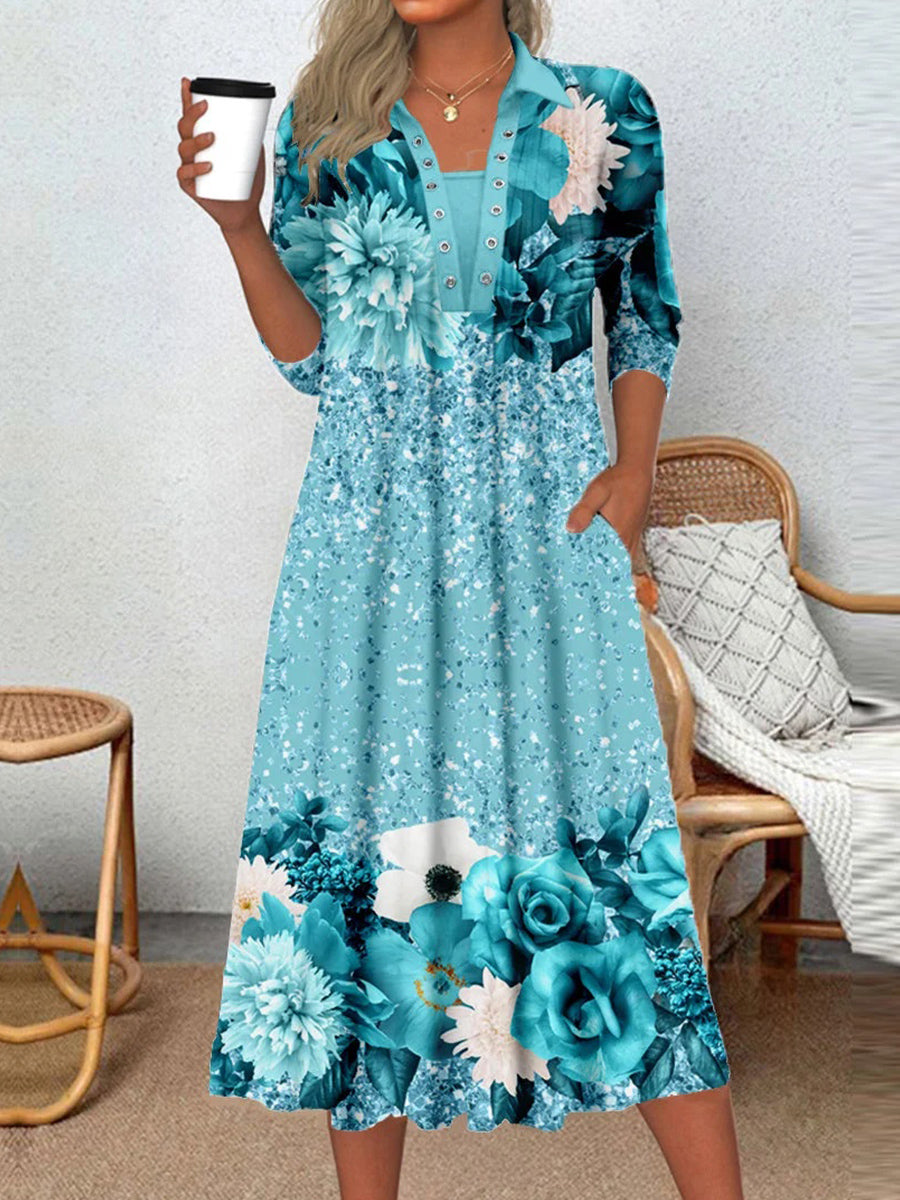 Women's Long Sleeve Scoop Neck Graphic Floral Printed Midi Dress