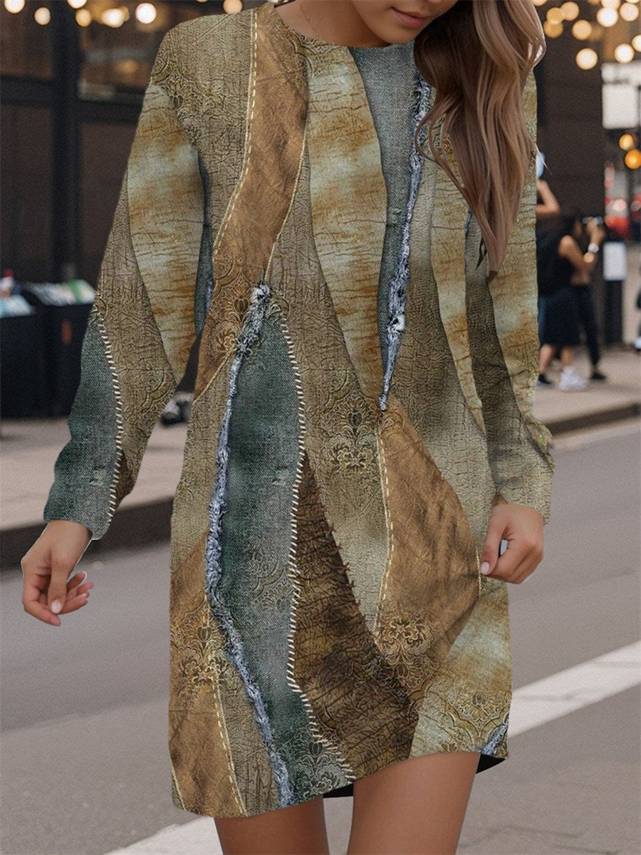 Casual Round Neck Long Sleeve Geometric Printed Blue Dress