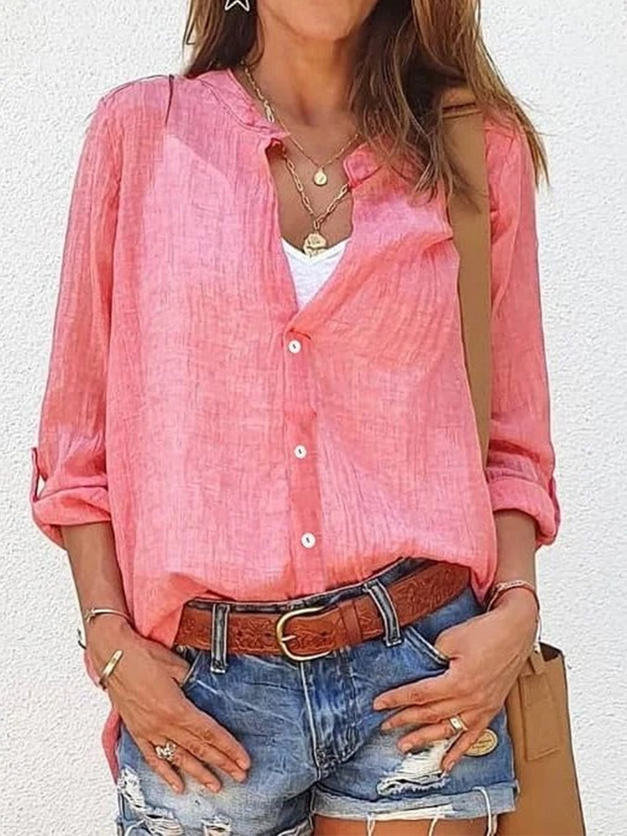 LilyWish Plain Shift Cotton Long Sleeve V Neck Shirt