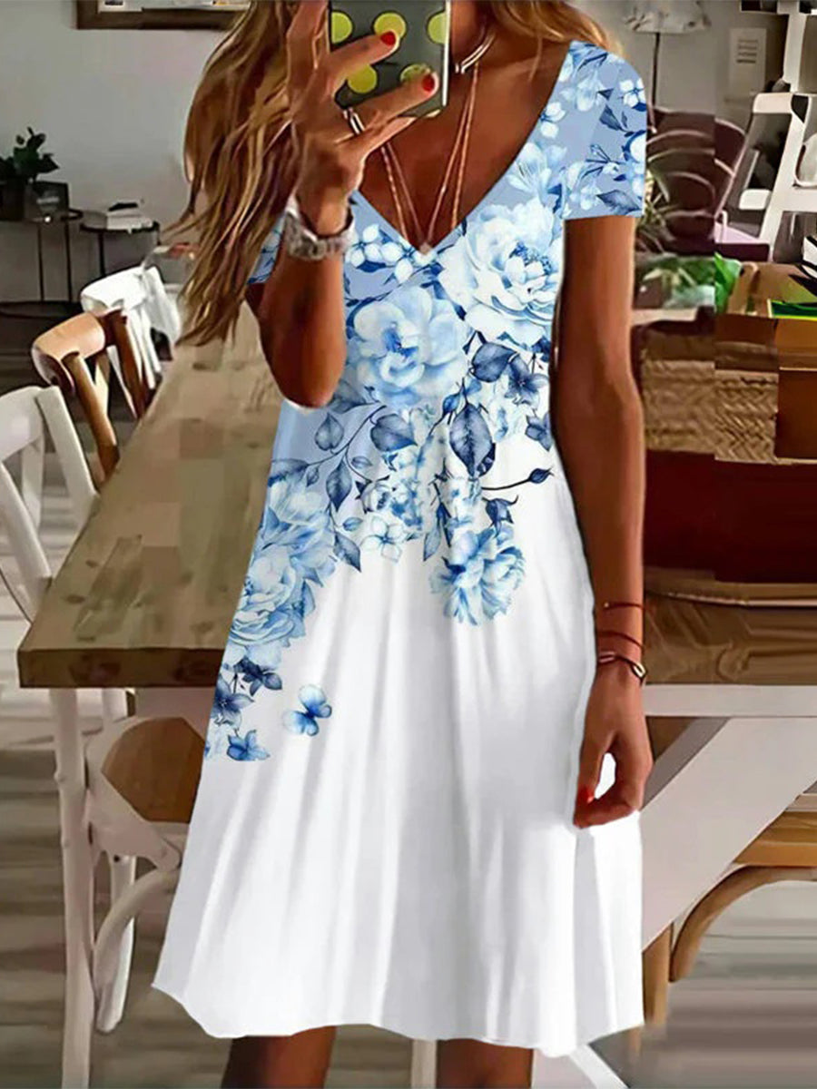 Floral Print Casual V-neck Short Sleeve Dress