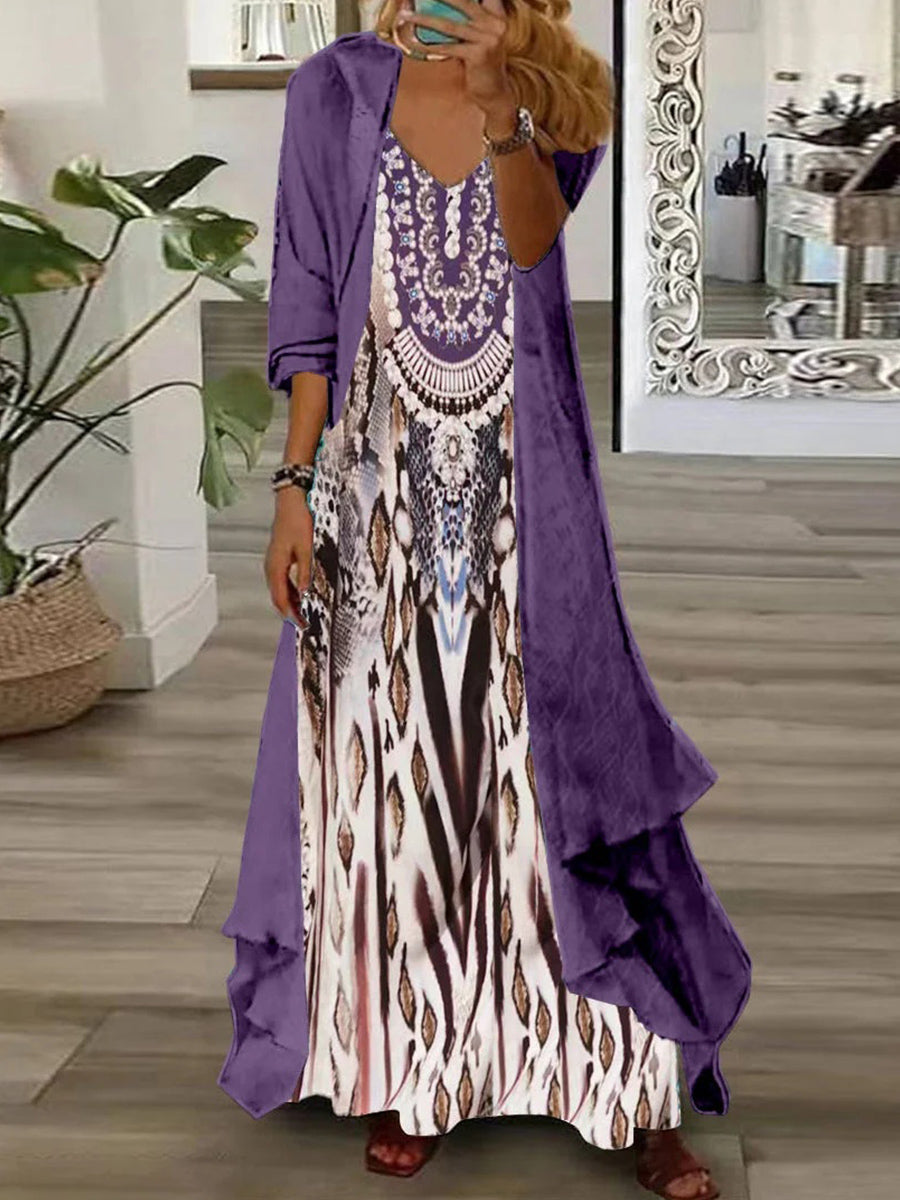 Women's Long Sleeve V-neck Graphic Printed Two Pieces Maxi Dress