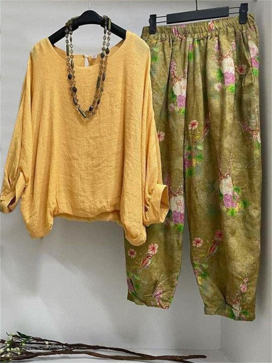 LilyWish Yellow Casual Round Neck Printed Long Sleeve Outfit Sets