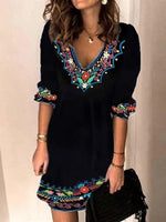 Black Casual V Neck Floral Printed Half Sleeve Dresses