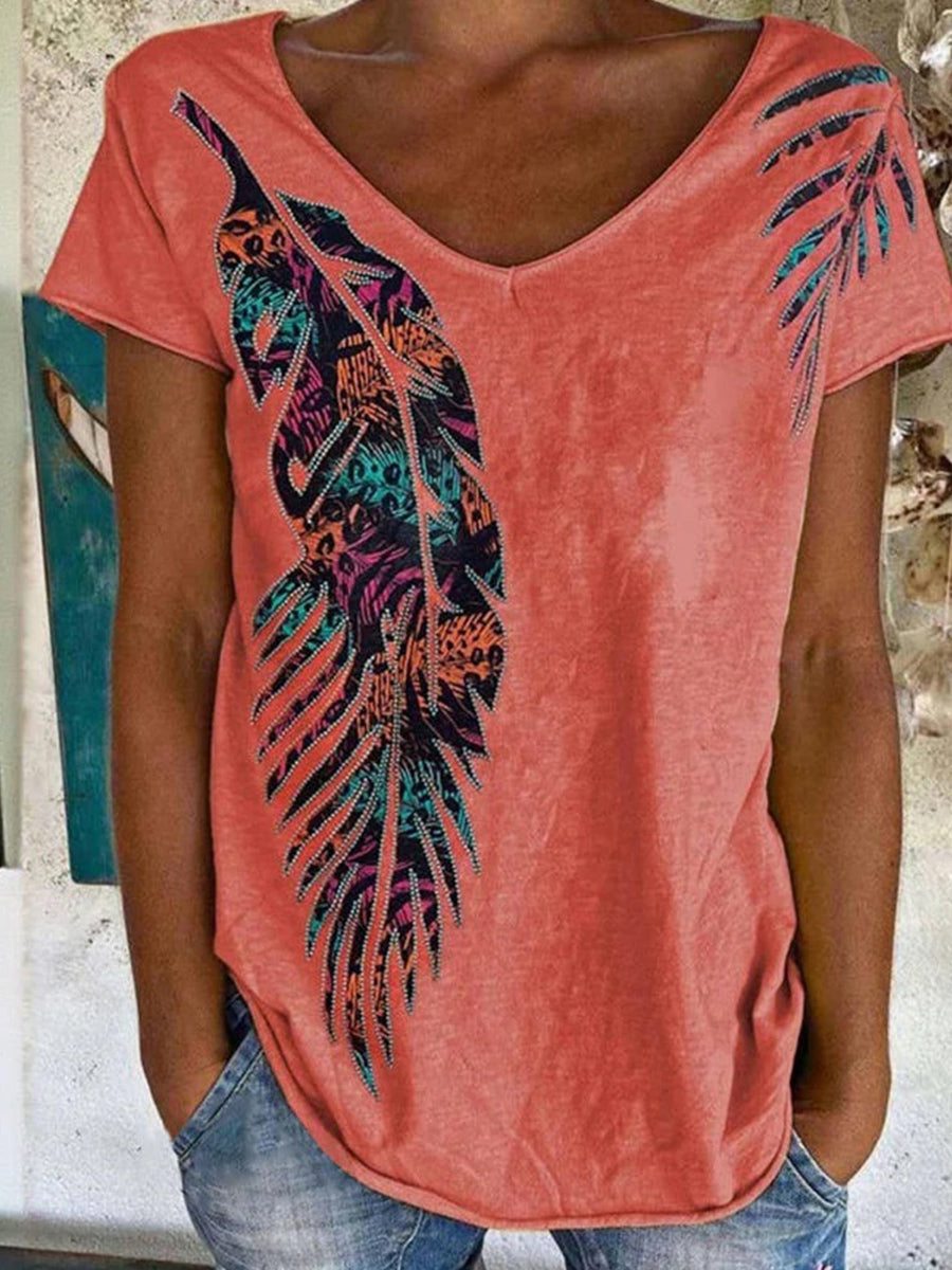 LilyWish Vintage Leaf Print V-neck Short Sleeve T-Shirt
