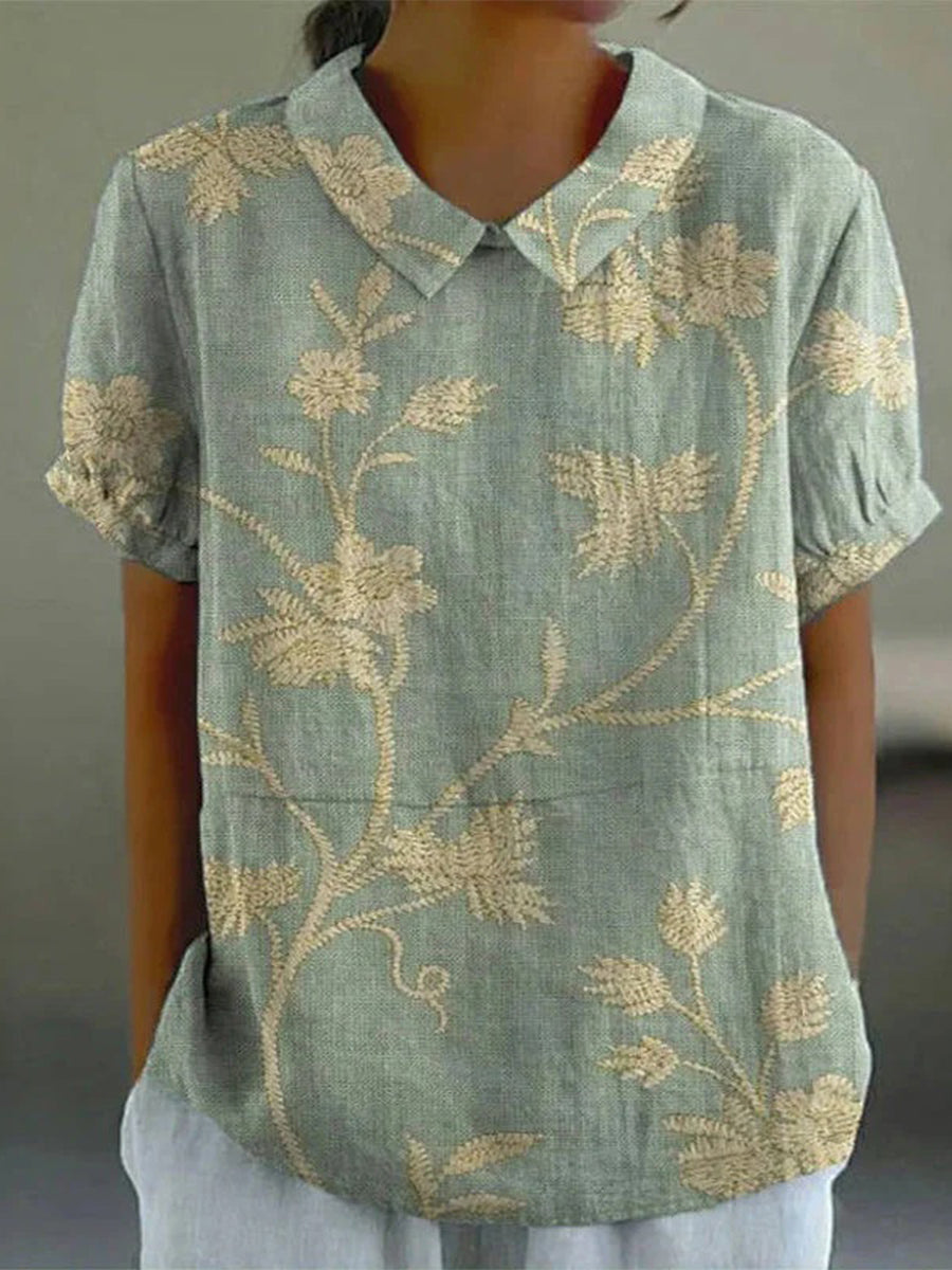 LilyWish Vintage Floral Print Short Sleeve Blouse