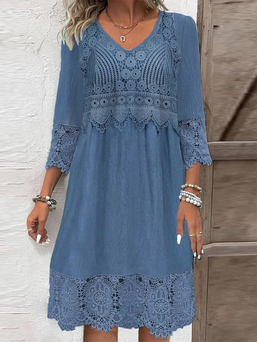 Women's Vintage Lace Panel V-Neck 3/4 Sleeve Loose Midi Dress