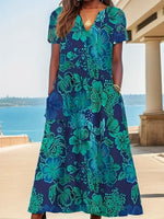 Casual Loose Floral V Neck 3/4 Sleeve Midi Dress