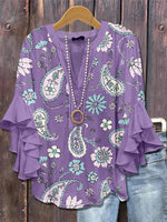 LilyWish Purple V-neck 3/4 Sleeve Paisley Print Top