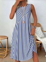 LilyWish Casual Striped Round Sleeve Sleeveless Summer Dress