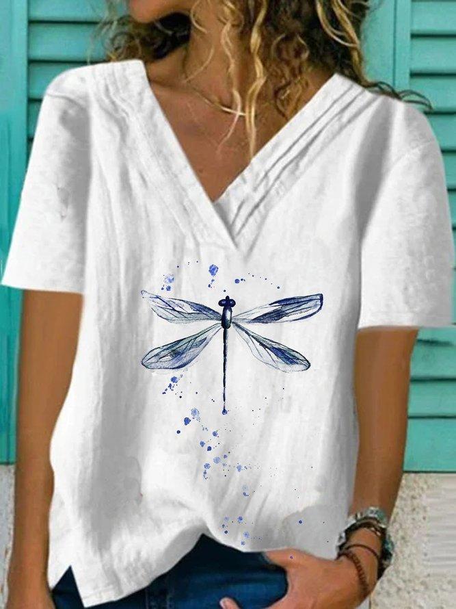 Dragonfly Graphic Printed V Neck Short Sleeve Casual Blouse