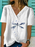Dragonfly Graphic Printed V Neck Short Sleeve Casual Blouse