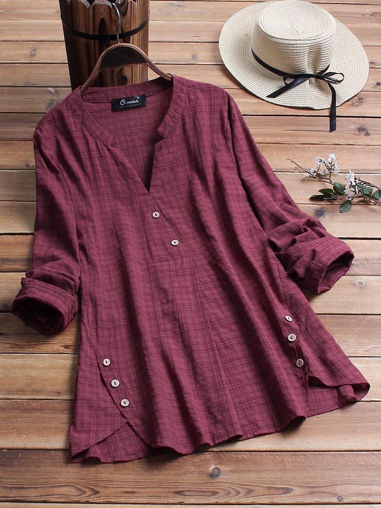 LilyWish Vintage Plaid Side Button V-neck Long Sleeve Blouse
