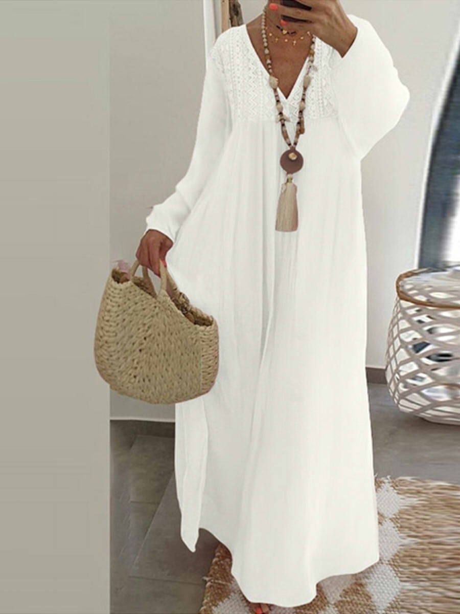 Casual V Neck Long Sleeve White Maxi Dress