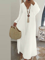 Casual V Neck Long Sleeve White Maxi Dress