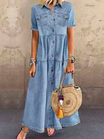 Women's Denim Button-Down Short Sleeve Maxi Dress with Pockets