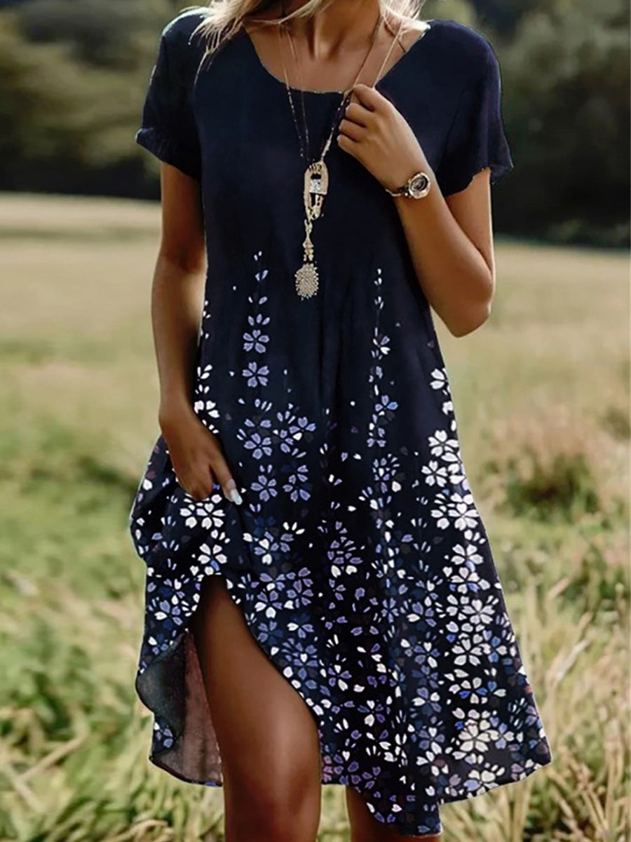 LilyWish Navy Round Neck Short Sleeve Floral Print Midi Dress