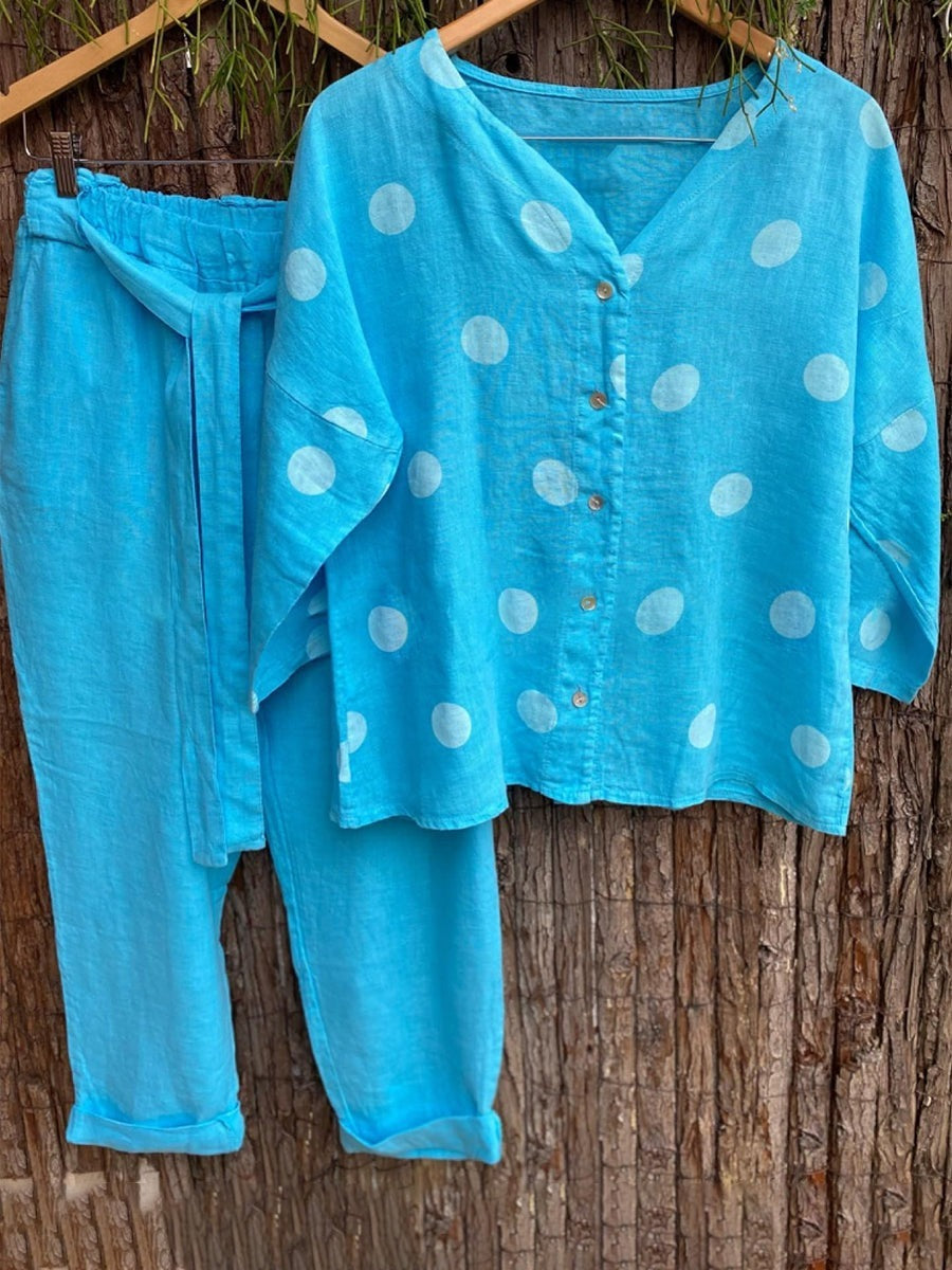 Blue Casual V Neck Polka Dot Printed Long Sleeve Two Piece Sets