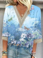 LilyWish Romantic Printed Lace 3/4 Sleeve Blouse