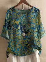Women's Vintage Leaf Print Half Sleeve Loose Fit Casual Blouse