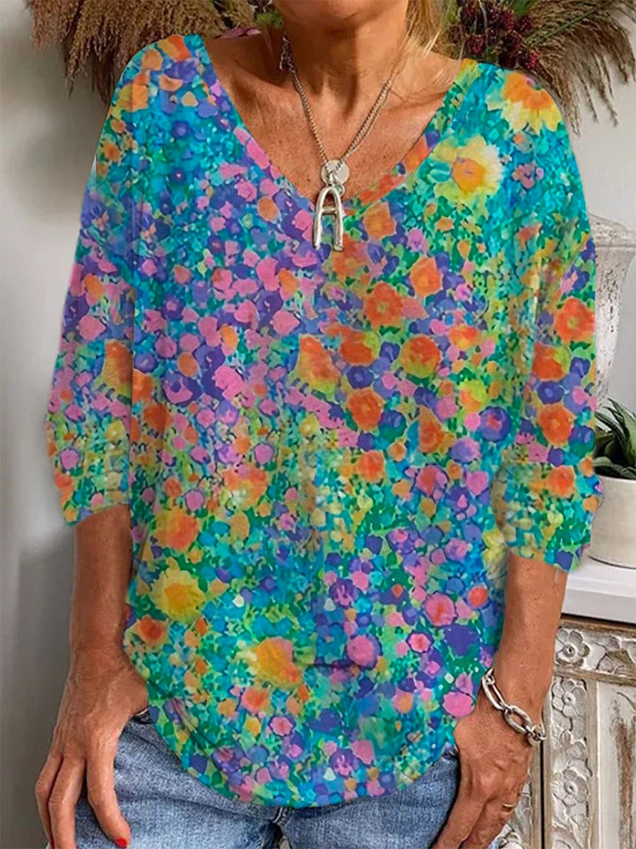 LilyWish Green Floral V Neck Long Sleeve Blouse