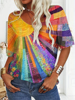 LilyWish Colorful Sunlight Printed V-neck Short Sleeve Loose T-Shirt