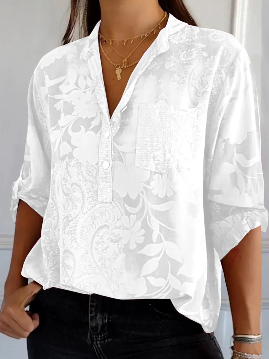 LilyWish White V-Neck Long Sleeve Top