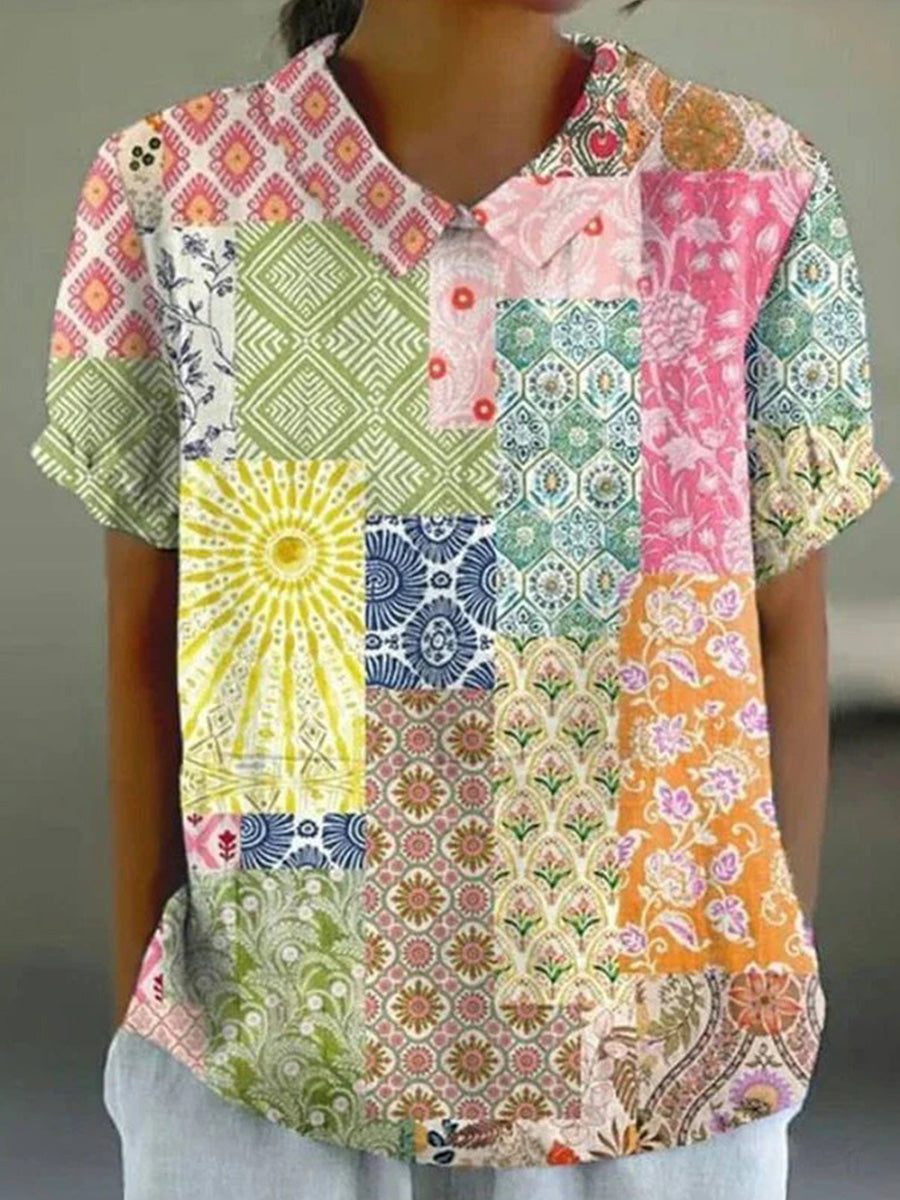 LilyWish Colourful Vintage Short Sleeve Blouse