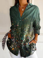 LilyWish Green Floral Print Collared Long Sleeve Top